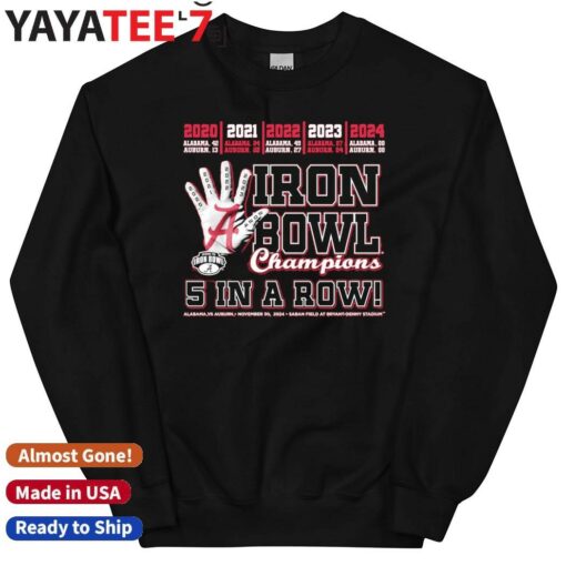 Alabama Crimson Tide 5 In A Row 2020 2024 Iron Bowl Champions Shirt