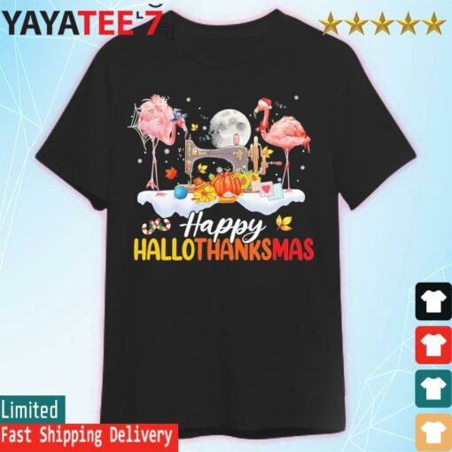 Flamingos Hallothanksmas Halloween Christmas Family Thanksgiving 2022 T-Shirt