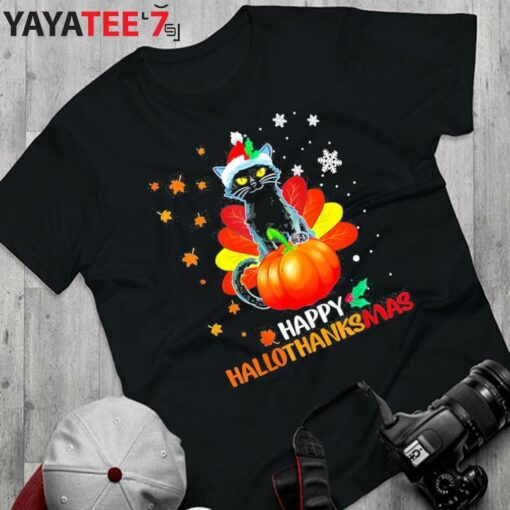 Happy Hallothanksmas Black Cat Halloween Thanksgiving Christmas 2022 T-Shirt