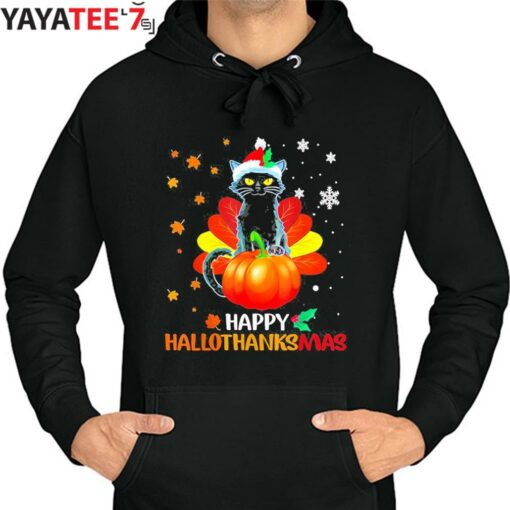 Happy Hallothanksmas Black Cat Halloween Thanksgiving Christmas 2022 T-Shirt