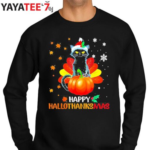 Happy Hallothanksmas Black Cat Halloween Thanksgiving Christmas 2022 T-Shirt