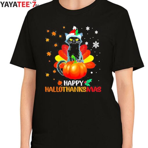 Happy Hallothanksmas Black Cat Halloween Thanksgiving Christmas 2022 T-Shirt