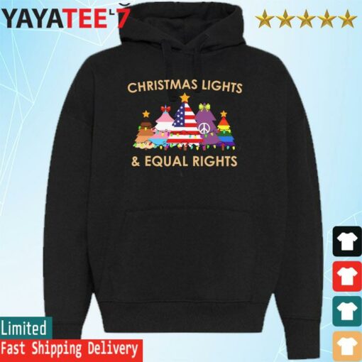 LGBT Christmas lights and Equal Rights shirt