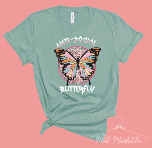 Anti-Social Butterfly Rocker Tee – Unisex Sized Vintage Rock N Roll Styled Hippie Shirt