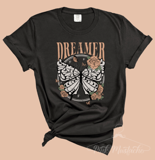 Comfort Colors Dreamer Butterfly Rocker Tee – Unisex Sized Vintage Rock N Roll Styled Hippie Shirt