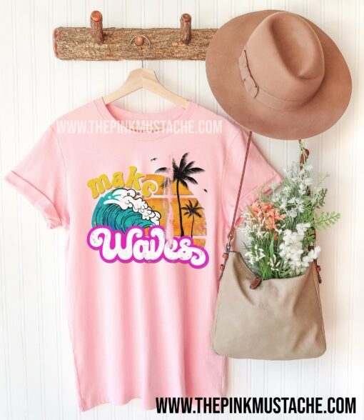 Make Waves Beach Themed Summer Vacation Tee Softstyle DTG Printed Tee Youth and Adult Sizes Available