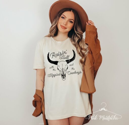 Soft Style Raisin’ Hell with the Hippies and Cowboys Western Style Tee Youth and Adult Sizes