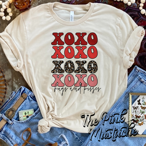 XOXO stacked Hugs and Kisses Valentines Love Retro Style Softstyle Tee  Western Style Tee Youth and Adult Sizes Available