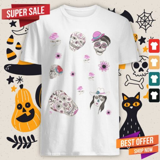 Sugar Skulls In Pink Day Of The Dead Dia De Muertos Shirt