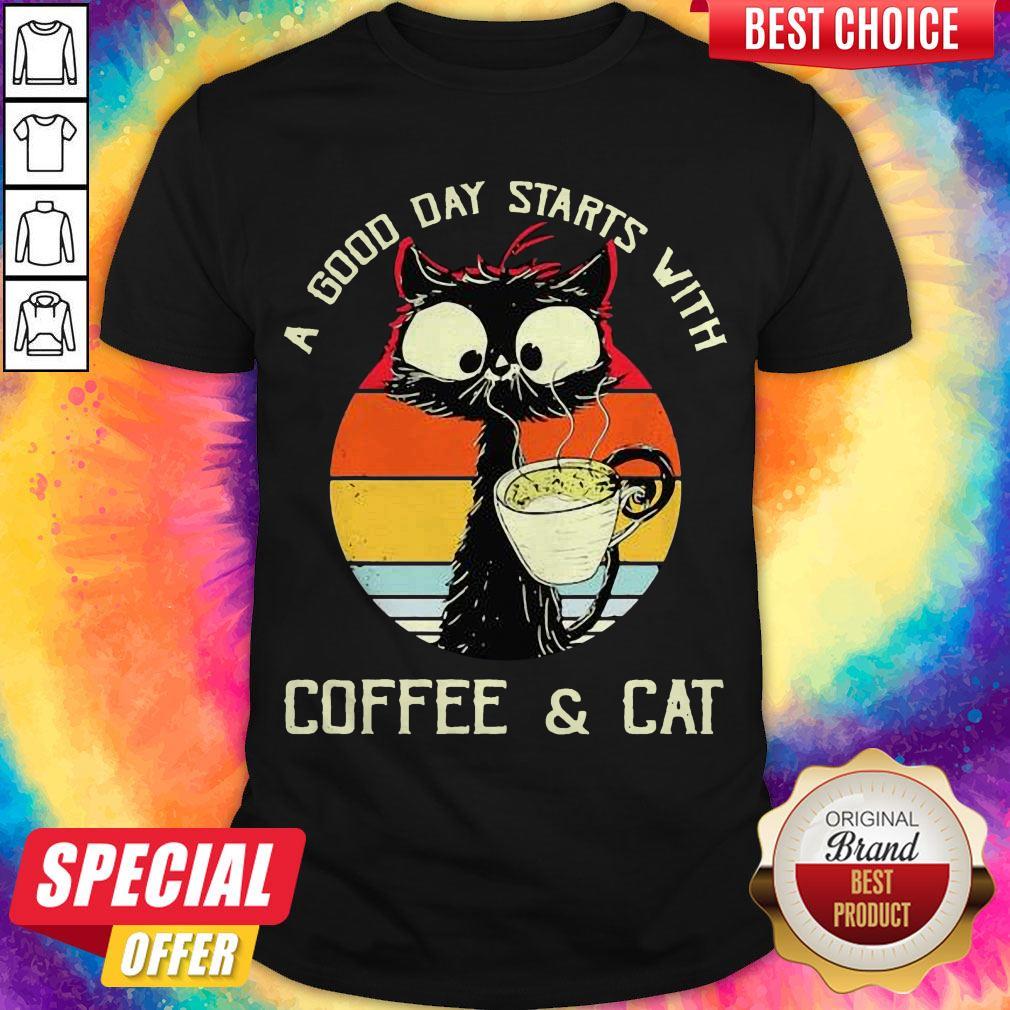 Black Cat A Good Day Starts With Coffee And Cat Vintage Retro Shirt Black Cat A Good Day Starts With Coffee And Cat Vintage Retro Shirt