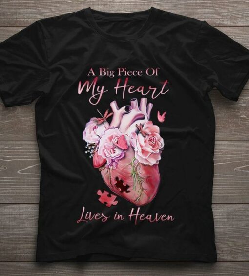 A Big Piece Of My Heart Lives In Heaven Pink Heart Flowers Butterfly Dragonfly Puzzle Shirt