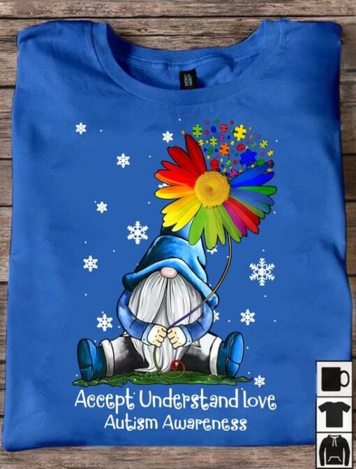 Accept Understand Love Autism Awareness Gnome Flowers Puzzles Shirt