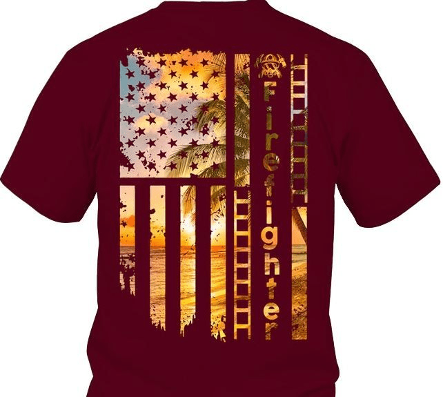 American Firefighter on the Beach Vacation T-Shirt American Firefighter on the Beach Vacation T-Shirt