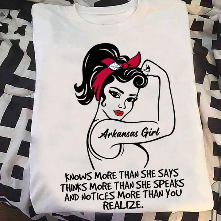 Arkansas Knows More Than She Says Strong Lady Girl Shirt Arkansas Knows More Than She Says Strong Lady Girl Shirt