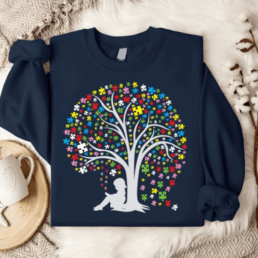 Autism Girl Under Colorful Puzzles Tree T-Shirt