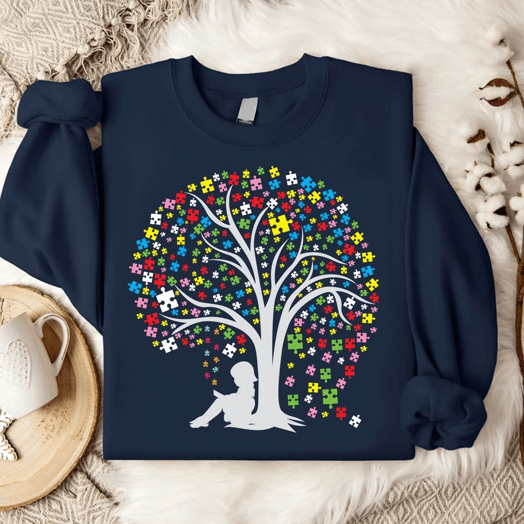 Autism Girl Under Colorful Puzzles Tree T-Shirt Autism Girl Under Colorful Puzzles Tree T-Shirt