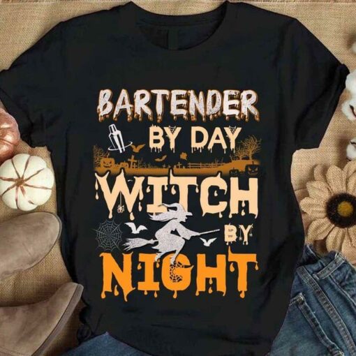 Bartender By Day Witch By Night Spider Net Flying Witch Halloween Shirt