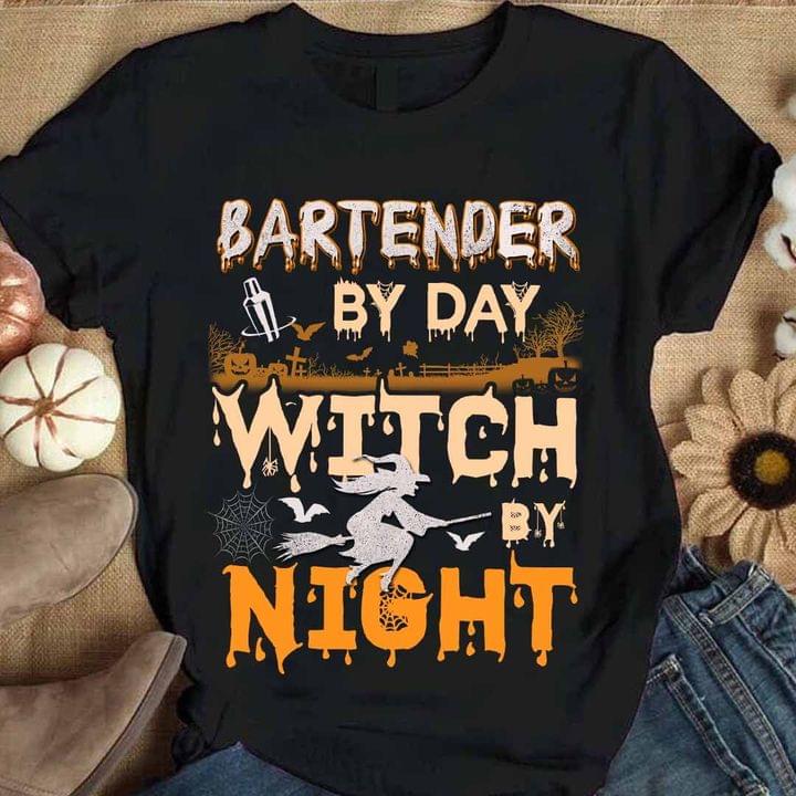 Bartender By Day Witch By Night Spider Net Flying Witch Halloween Shirt Bartender By Day Witch By Night Spider Net Flying Witch Halloween Shirt