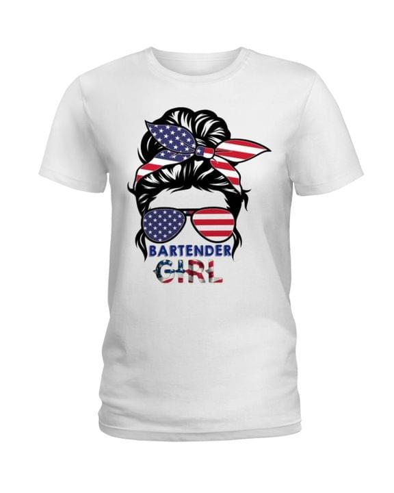 Bartender Girl Lady Girl Wearing Trendy Glasses And Headband Flag Of America Shirt Bartender Girl Lady Girl Wearing Trendy Glasses And Headband Flag Of America Shirt