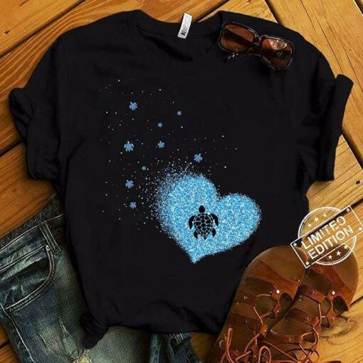 Basic Black And Blue Turtles Blue Glitters Heart Shirt