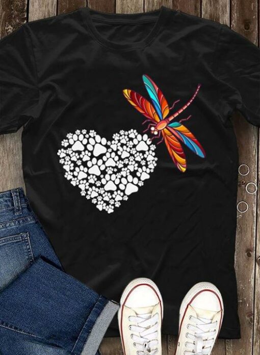 Basic Colorful Dragonfly And Footprint Heart Shirt