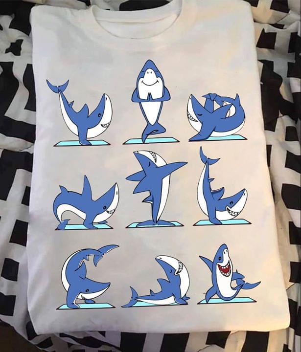 Basic Cute Blue Cartoon Shark Doing Yoga Poses Relaxation Shirt Basic Cute Blue Cartoon Shark Doing Yoga Poses Relaxation Shirt
