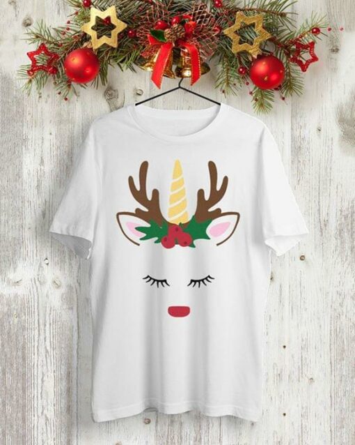 Basic Cute Cartoon Unicorn Wearing Christmas Reindeer Headband Shirt
