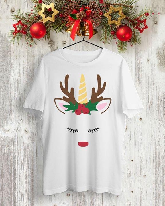 Basic Cute Cartoon Unicorn Wearing Christmas Reindeer Headband Shirt Basic Cute Cartoon Unicorn Wearing Christmas Reindeer Headband Shirt