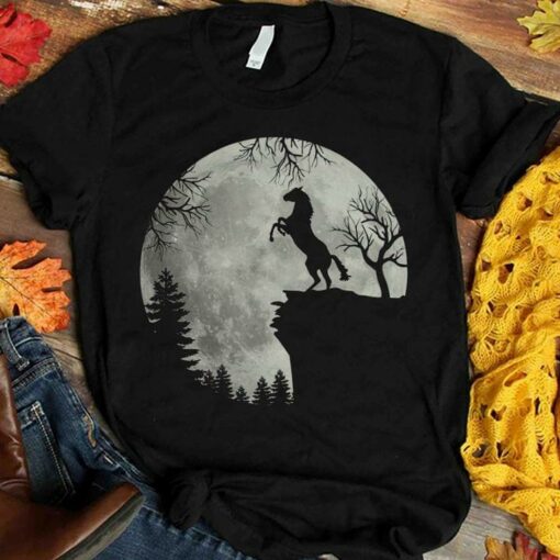 Basic Graphic Moon Landscape Horse Trees Shirt