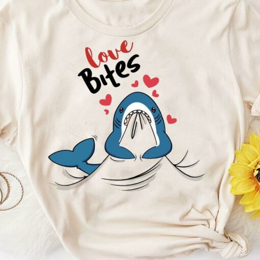 Basic Love Bites Cute Blue Cartoon Shark Red Hearts Shirt