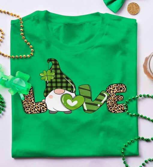 Basic Love Gnomie Holding Clover And Green Heart Shirt