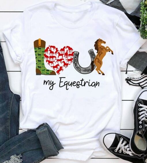 Basic Love My Equestrian Red Horse Heart Brown Horse Horseshoe Shirt