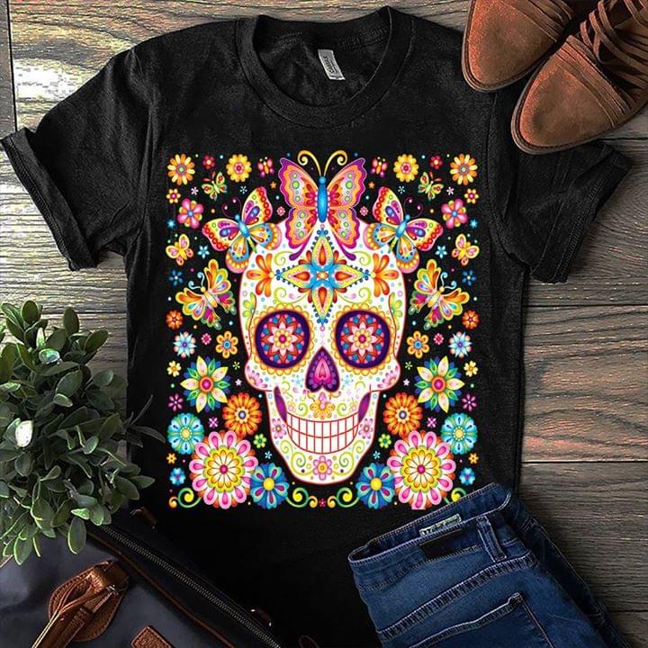Beautiful Colorful Flowers Butterflies And Smiling Skull Shirt Beautiful Colorful Flowers Butterflies And Smiling Skull Shirt