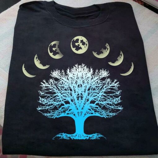 Beautiful Graphic Blue Tree Phases Of Moon Shirt