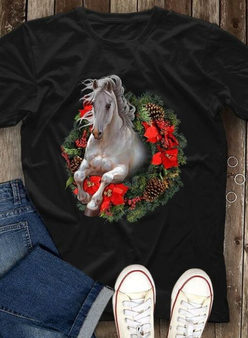 Beautiful Graphic White Horse And Chirstmas Wreath Shirt