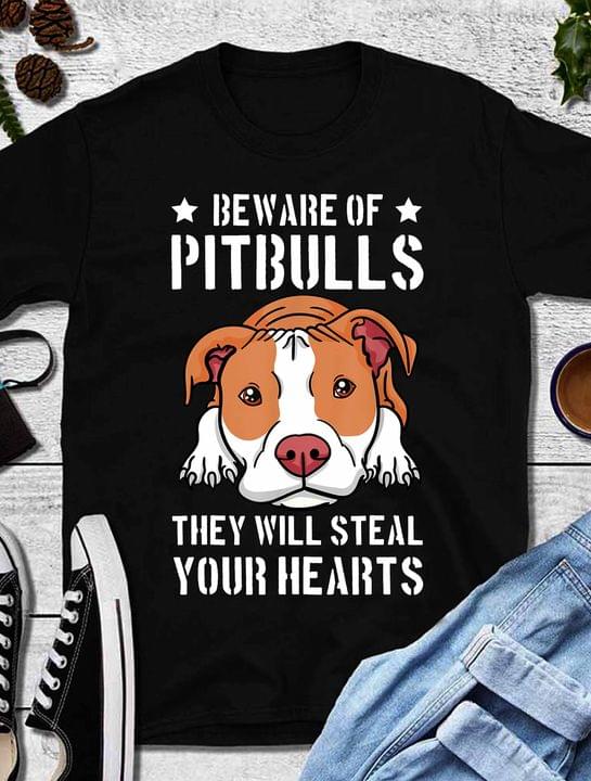 Beware Of Pitbulls They Will Steal Your Hearts Cartoon Dog Shirt Beware Of Pitbulls They Will Steal Your Hearts Cartoon Dog Shirt