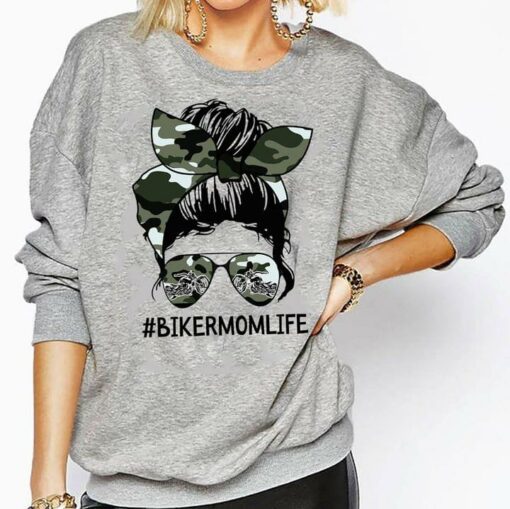 #Bikermom Life Girl Lady With Trendy Glasses And Camo Turban Headband Shirt