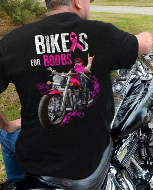 Bikers For Boobs Man Driving Motorcycle Pink Ribbon Shirt