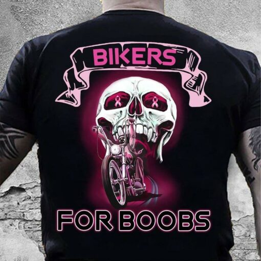 Bikers For Boobs Man Driving Motorcycle Pink Ribbon Skull Shirt