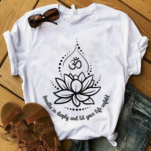 Black And White Lotus Flower Tattoo Style Breathe In Deeply And Let Your Life Unfold Shirt