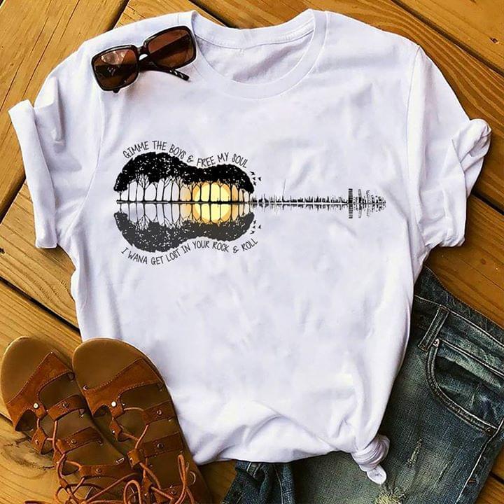 Black And White Style Forest And Lake Shaped Guitar Gimme The Boys & Free My Soul Shirt Black And White Style Forest And Lake Shaped Guitar Gimme The Boys & Free My Soul Shirt