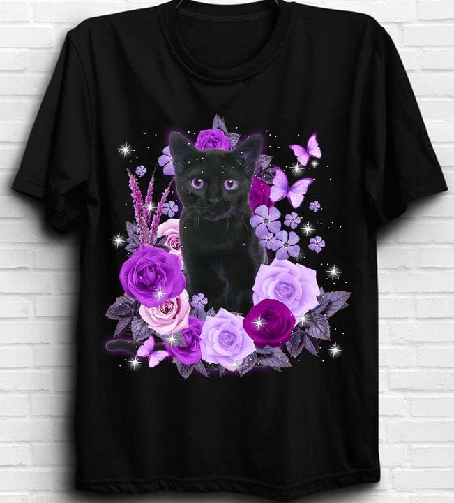 Black Cat Purple Flowers Roses Butterflies Glitters Shirt Black Cat Purple Flowers Roses Butterflies Glitters Shirt