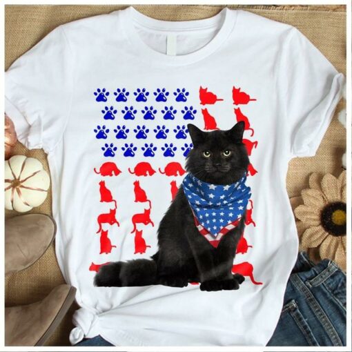 Black Cat Wearing Flag Of America Scarf Cat Poses Footprints Shirt