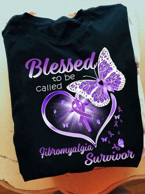 Blessed To Be Called Fibromyalgia Survivor Purple Ribbon Holy Cross Heart Butterfly Shirt