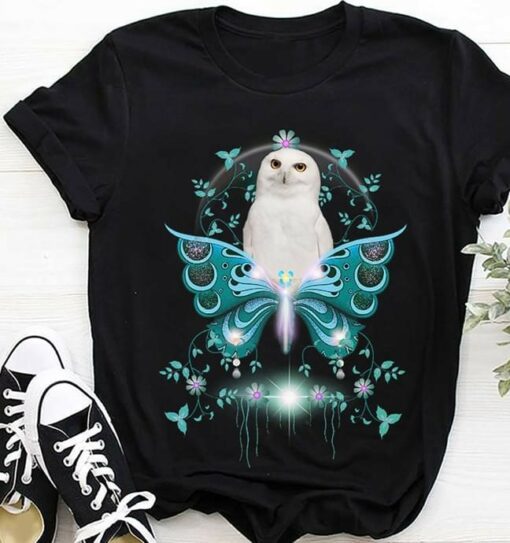 Blue Butterfly Flowers Leaves White Owl Shirt