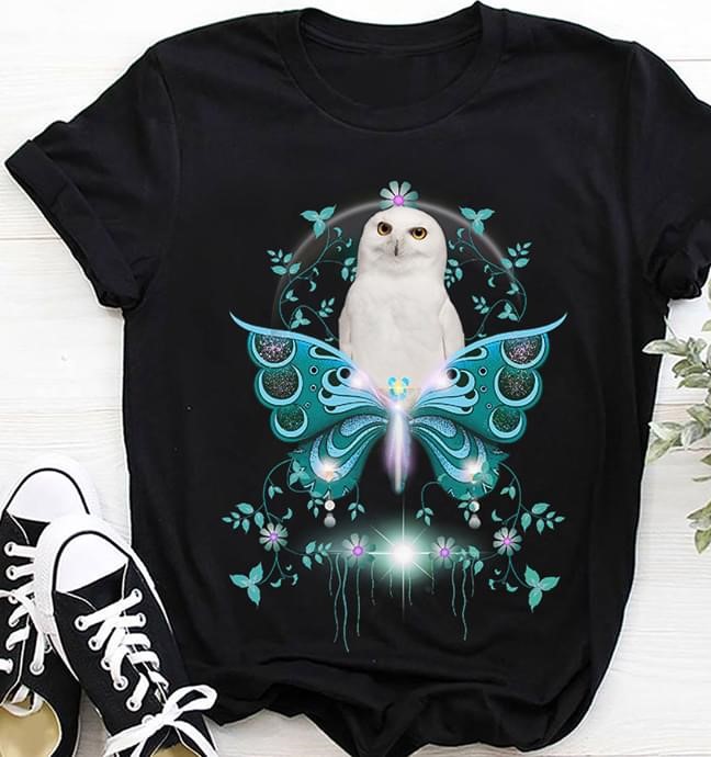 Blue Butterfly Flowers Leaves White Owl Shirt Blue Butterfly Flowers Leaves White Owl Shirt