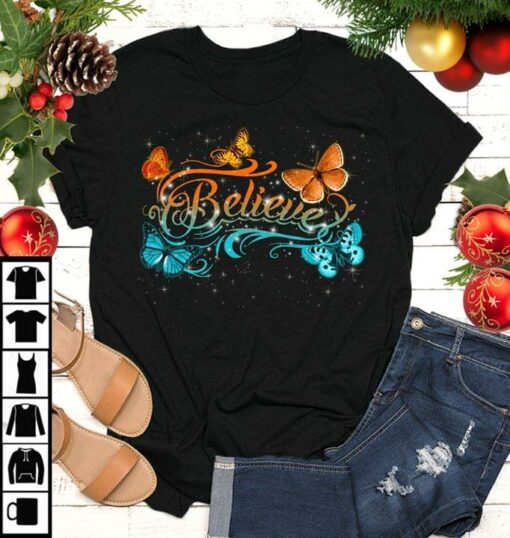 Blue Ice And Orange Fire Butterflies Believe Shirt