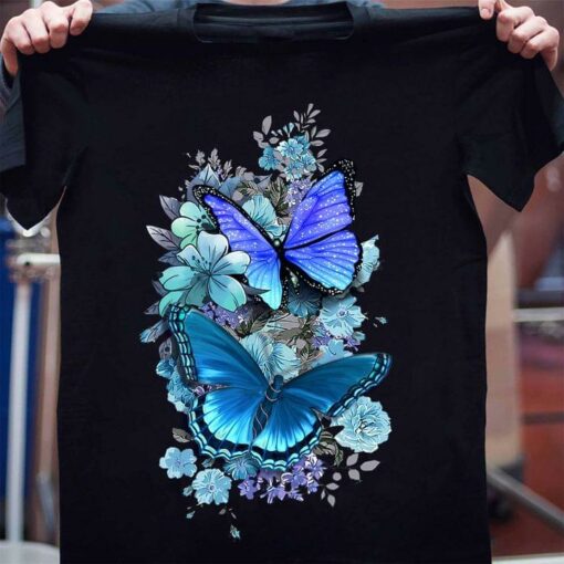 Blue Purple Graphic Flowers Butterflies Shirt