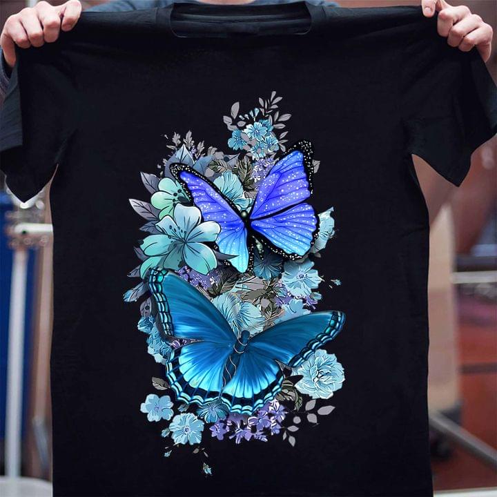 Blue Purple Graphic Flowers Butterflies Shirt Blue Purple Graphic Flowers Butterflies Shirt
