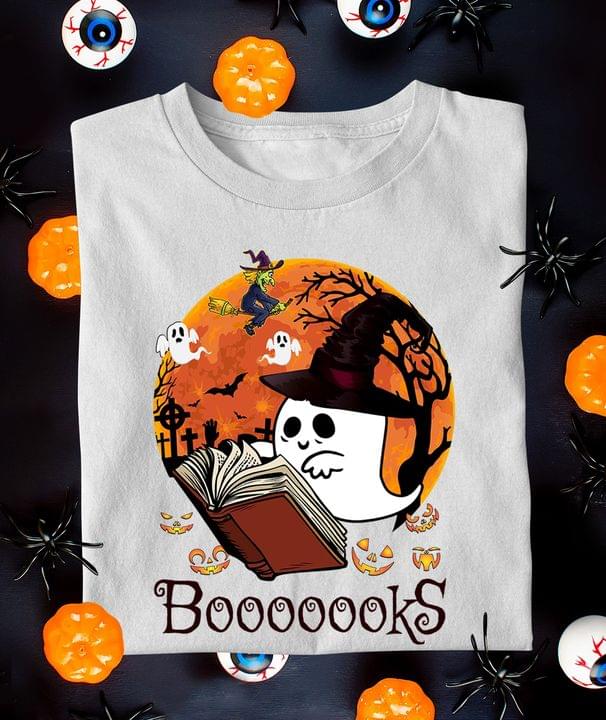 Booooks Ghost Reading Book Flying Witch Halloween Shirt Booooks Ghost Reading Book Flying Witch Halloween Shirt